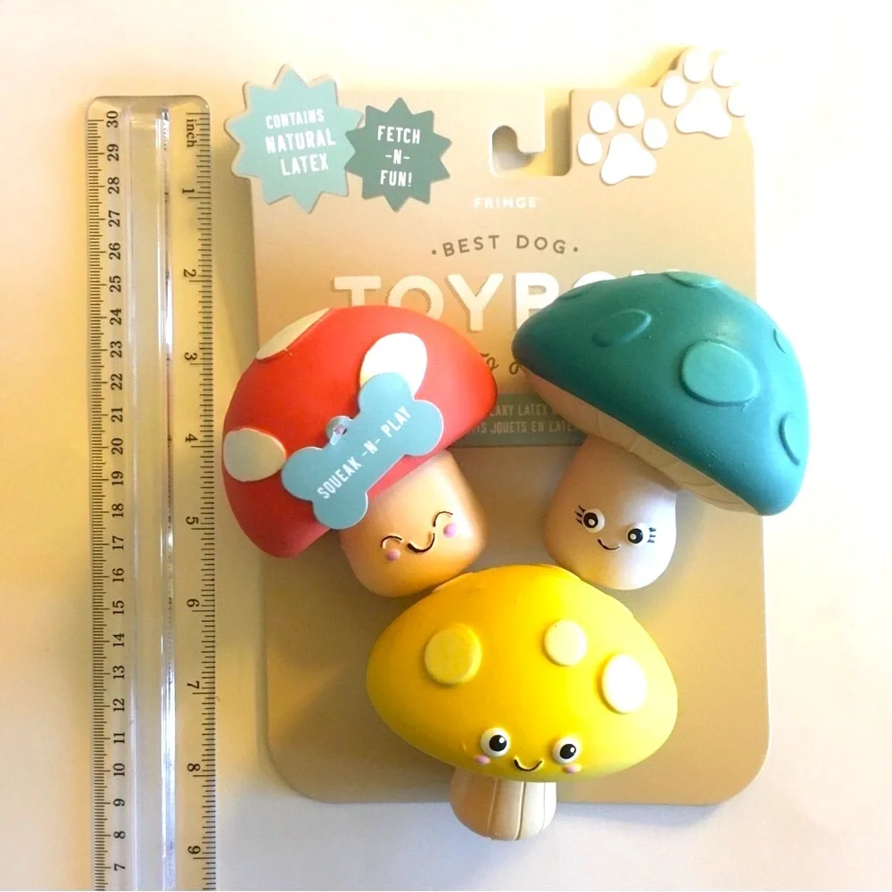 Dog Toys Latex Squeakers Red Yellow Blue Mushrooms “Time to Forage” NEW | Fringe